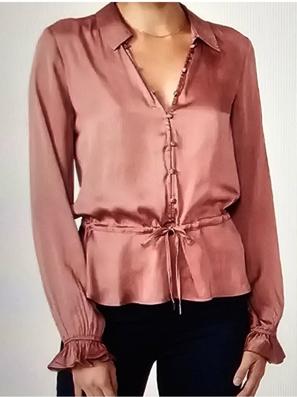 PAIGE Kendalle Tie-Waist Peplum Blouse | M | Lovely Rose Satin